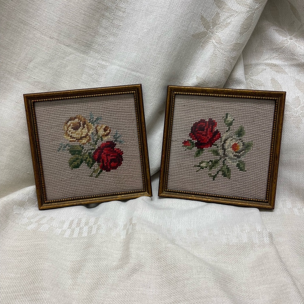 Vintage Pair of Floral Needlepoints